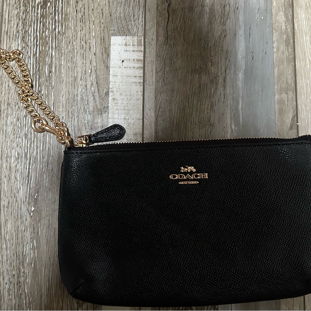Coach Black Leather Wristlet with Gold Chain Strap